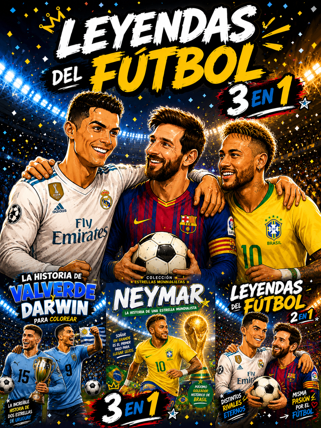 🏆 PACK LEYENDAS 3 en 1 (Incluye Messi + Cristiano Ronaldo+Neymar)